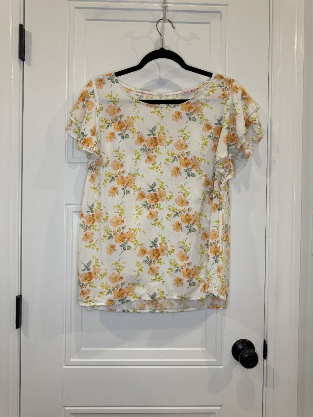 Rose & Rhyme L Ivory Orange Floral Ruffle Sleeve Cottagecore Top GUC